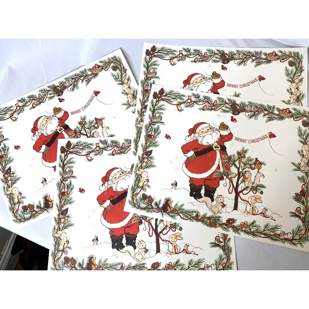 Hallmark Christmas Placemats x4 Santa Animals Vintage Coated Paper CLEAN USAmade
